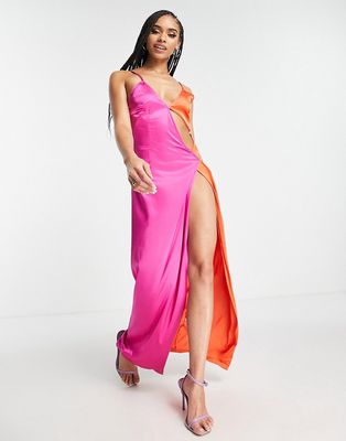 Simmi contrast color block maxi dress with thigh slit in multi