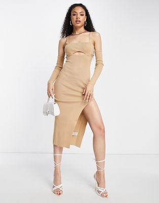 Simmi cut out bust high thigh split midi dress with sleeve detail in camel-Neutral