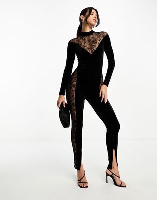 Simmi lace and velvet panel unitard jumpsuit in black