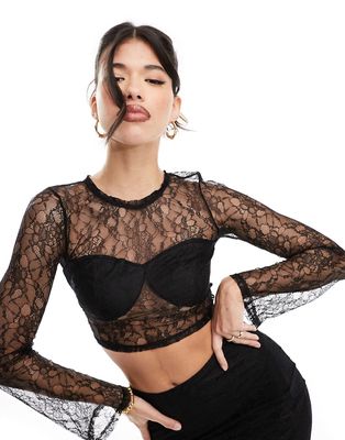 Simmi lace flared sleeve top in black - part of a set