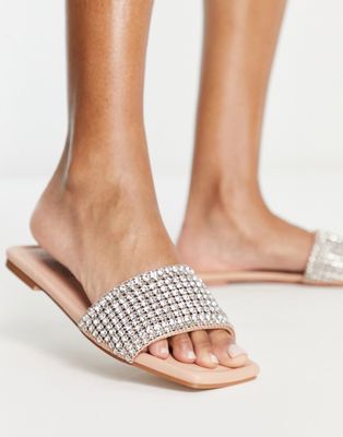 Simmi London Alianna flat sandals in beige with diamante trim-Neutral