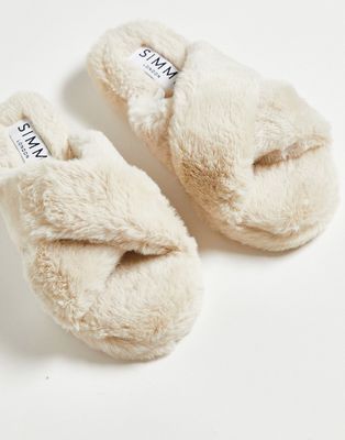 Simmi London Alice fluffy slippers in cream-White