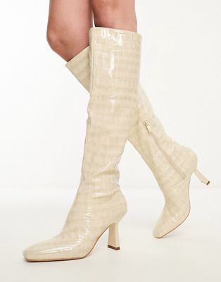 Simmi London Benedict heeled knee boots in off-white snake