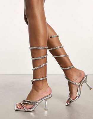 Simmi London Freesia embellished leg wrap sandals in silver
