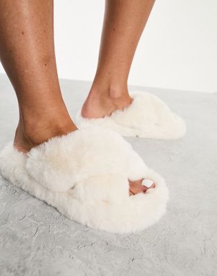 Simmi London Fuzzy cross strap slippers in cream-Neutral