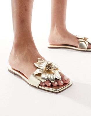Simmi London Miray flat sandal with flower detail in gold