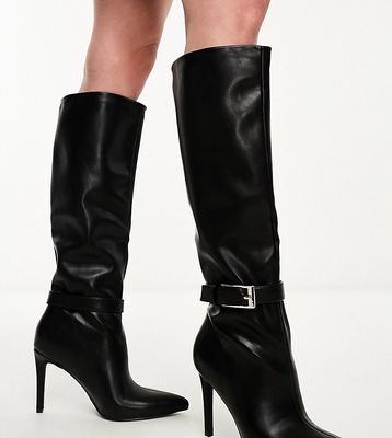 Simmi London Wide Fit Acer buckle detail pointed knee boots in black