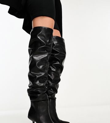 Simmi London Wide Fit Adonis ruched over the knee heeled boots in black
