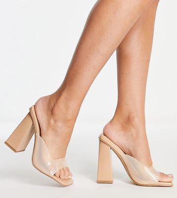 Simmi London Wide Fit clear mule heeled sandals in camel-Neutral
