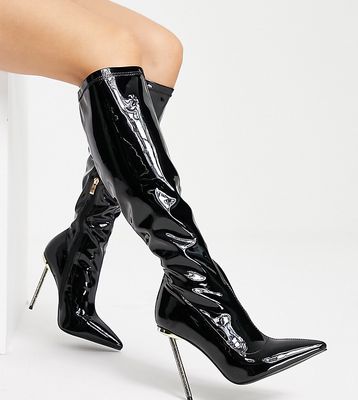 Simmi London Wide Fit Demi knee boots with diamante stiletto heel in black patent