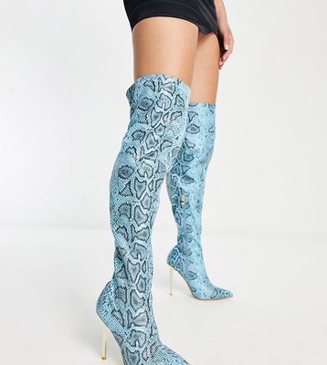 Simmi London Wide Fit Duke stiletto heel over the knee boots in blue snake print-Multi
