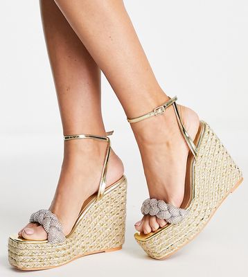 Simmi London Wide Fit espadrille wedge sandals with woven detail in gold