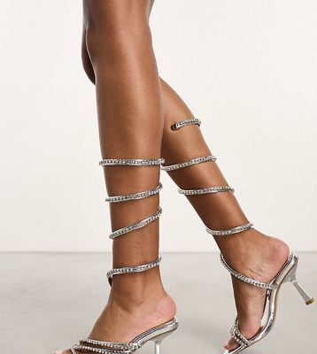 Simmi London Wide fit Freesia embellished leg wrap sandals in silver