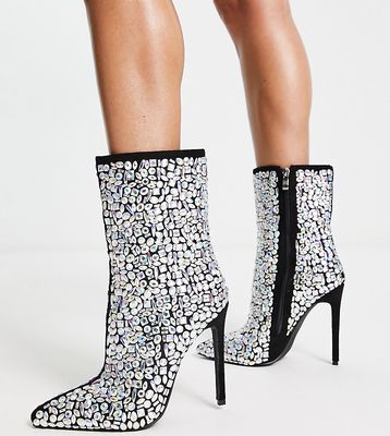 Simmi London Wide Fit Nakoa rhinestone embellished boots in black and silver