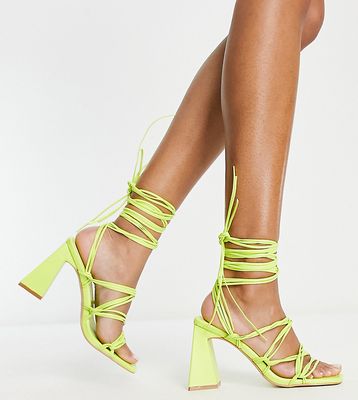 Simmi London Wide Fit Paris heeled sandals with ankle ties in lime-Green