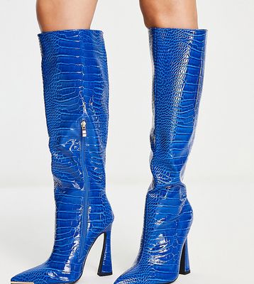 Simmi London Wide Fit Ravi flare heel knee boots in cobalt blue croc