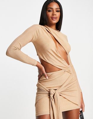 Simmi long sleeve cut out mini dress with knot train detail in tan-Neutral