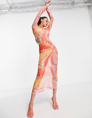 Simmi long sleeve sheer maxi dress in abstract rainbow-Multi