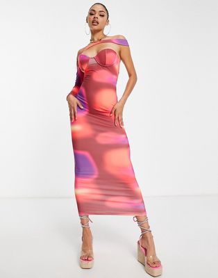 Simmi one asymmetric sleeve maxi dress in pink abstract print-Multi