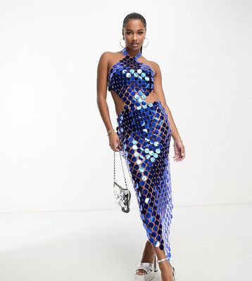 Simmi Petite sequin disc chainmail maxi dress with open back in blue