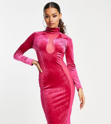 Simmi Petite velvet and mesh paneled midi bodycon dress in pink