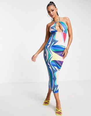 Simmi plunge front midaxi dress in blue abstract print-Multi