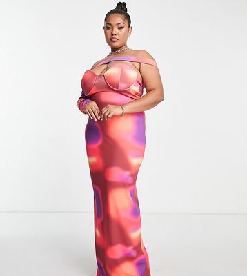 Simmi Plus one asymmetric sleeve maxi dress in pink abstract print-Multi