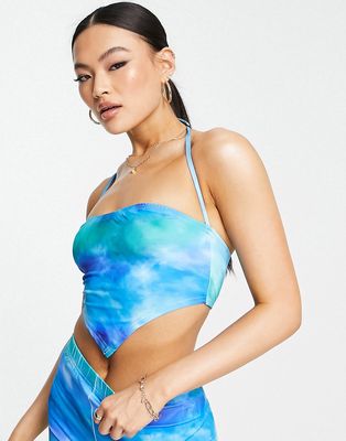 Simmi square neck scarf top in blue marble print-Multi