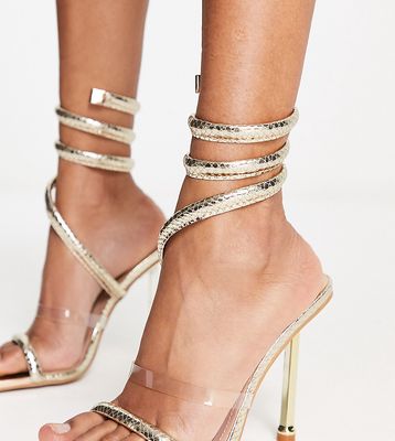 Simmi Wide Fit Eloise heeled sandals with leg wrap in gold