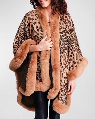 Simona Leopard-Knit Wrap With Faux Fur Trim