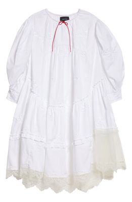 Simone Rocha Asymmetric Floral Embroidered Bow Detail Cotton Babydoll Midi Dress in White/White