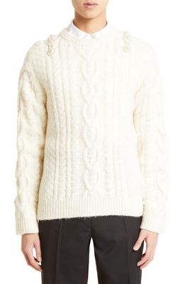 Simone Rocha Beading Detail Cable Knit Alpaca Blend Sweater in Ivory /Pearl