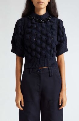 Simone Rocha Bubble Knit Crystal Embellished Crop Alpaca & Wool Blend Sweater in Navy/Jet
