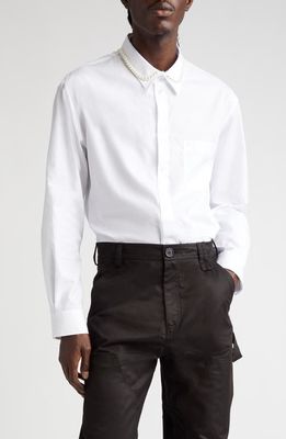 Simone Rocha Classic Fit Button-Up Shirt with Faux Pearl Collar in White/Pearl