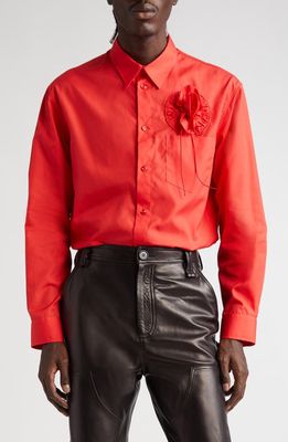 Simone Rocha Classic Fit Button-Up Shirt with Rose Detail in Red