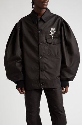 Simone Rocha Classic Imitation Pearl Embellished Workwear Bomber Jacket in Black/Clear
