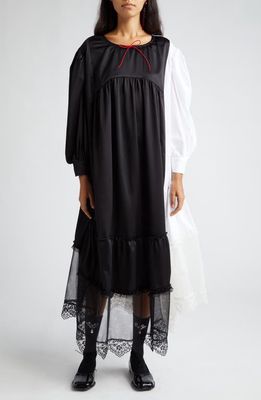 Simone Rocha Colorblock Long Sleeve Lace Trim Tiered Satin Babydoll Dress in Black/White