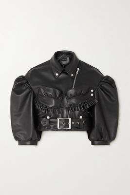 Simone Rocha - Cropped Ruffled Leather Biker Jacket - Black