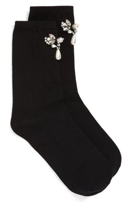 Simone Rocha Crystal & Imitation Pearl Embellished Crew Socks in Black/Crystal/Pearl