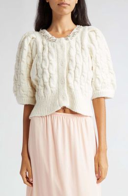 Simone Rocha Crystal Embellished Cable Knit Crop Alpaca & Wool Blend Cardigan in Ivory/Pearl/Clear