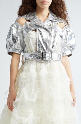 Simone Rocha Cutout Puff Sleeve Metallic Leather Crop Moto Jacket in Silver