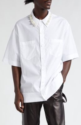 Simone Rocha Embellished Collar Boxy Short Sleeve Cotton Button-Up Shirt in White/Pearl