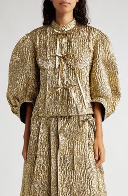 Simone Rocha Embellished Crop Balloon Sleeve Jacket in Gold/Pearl/Clear