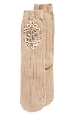 Simone Rocha Embellished Logo Rib Ankle Socks in Camel/Pearl/Crystal
