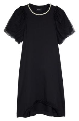 Simone Rocha Embellished Puff Sleeve Jersey Shift Dress in Black/Pearl