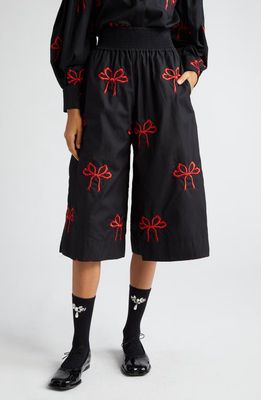Simone Rocha Embroidered Bow Cotton Blend Boxing Shorts in Black/Red
