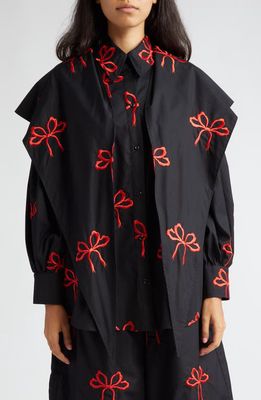 Simone Rocha Embroidered Ribbons Cotton Button-Up Shirt in Black/Red