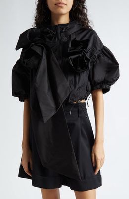 Simone Rocha Floral Appliqué Hooded Puff Sleeve Crop Jacket in Black