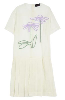 Simone Rocha Flower Graphic Sheer Pleated Tulle Midi Dress in Ivory/Lilac/Mint