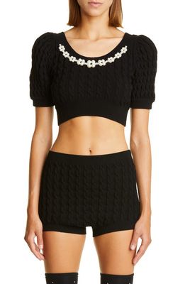 Simone Rocha Imitation Pearl Cable Knit Crop Puff Sleeve Sweater in Black/Pearl/Clear